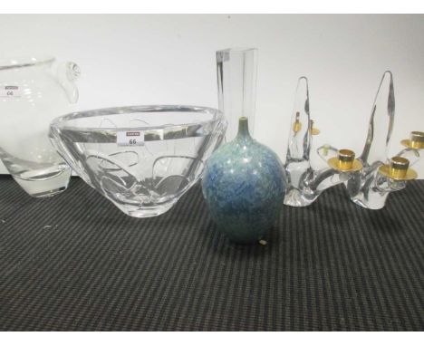 A Kosta Boda glass bowl, a two-handled glass vase and other items of decorative glassware