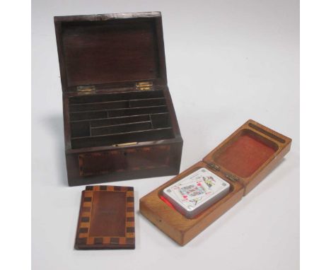 A 19th century Killarney ware inlaid notebook box; a 19th century inlaid stationery box and a a bridge board with playing car