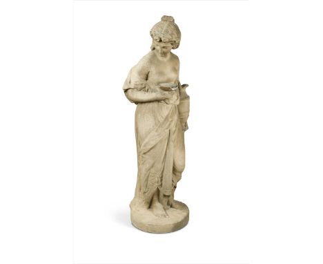 modelled as a young woman standing holding a ewer and cup, on a circular base, 98cm high