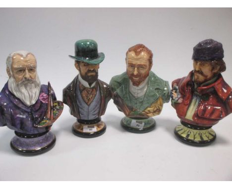 Four ceramic artist portrait heads by Michael Sutty, limited edition Paul Gaugin 1/150, Toulouse Lautrec 1/150, Claude Monet 