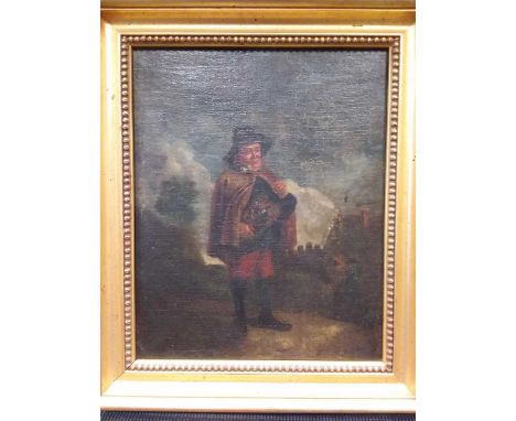 Two 19th century oil paintings of a hurdy gurdy player; and Claude Pratt (1860-1935), A monk playing a clarinet, signed lower