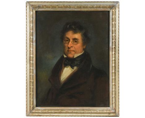 Self-portrait of the artist, half length, wearing a maroon frock coat, black stock and glasses entitled “By Himself” (accordi