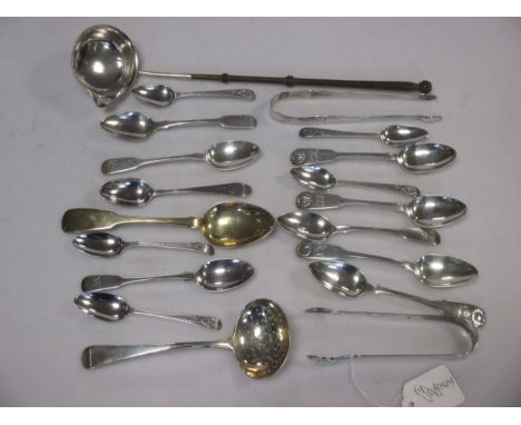 mainly teaspoons, but also including two pair of sugar tongs, a sauce ladle and a punch ladle with wooden handle, 10.7ozt wei