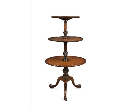the tiers on turned supports each with a writhen cup, raised on cabriole legs and original leather casters 114 x top tier 40c
