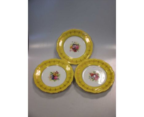 A set of 8 Royal Worcester plates, decorated with central spray of flowers (signed) and yellow borders.