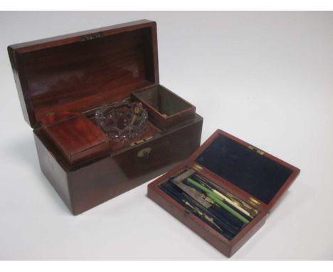 A Victorian stationery box, a mahogany tea caddy, brass scales etc