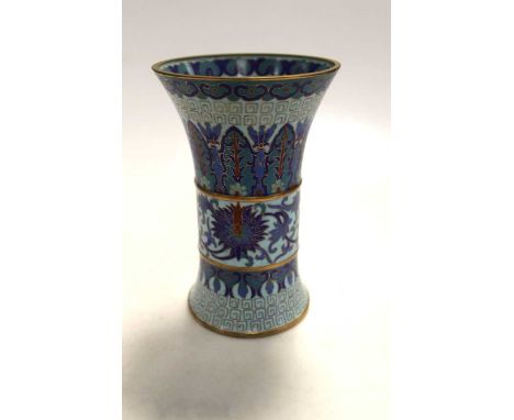 A blue ground cloisonne enamel flared mouth vase of modified gu-shape, 15cm high