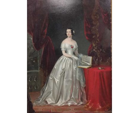 Portrait of a young girl, standing, three-quarter length, in a silver dress with roses in her hair, holding a book, oil on bo