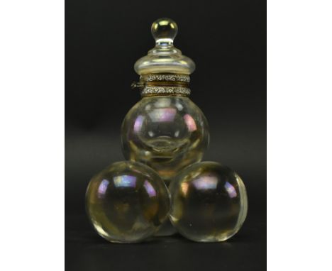 An Austro-German Harrach late 19th century iridescent glass ' soap bubbles ' inkwell. The inkwell having a glass finial atop 