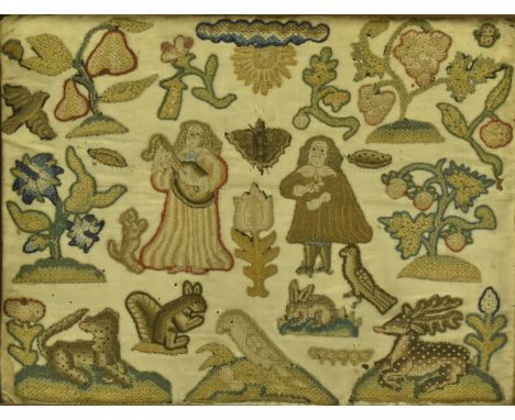 A Charles II 17th century needlework stumpwork embroidery panel. The embroidery backed on silk featuring two figures to the c