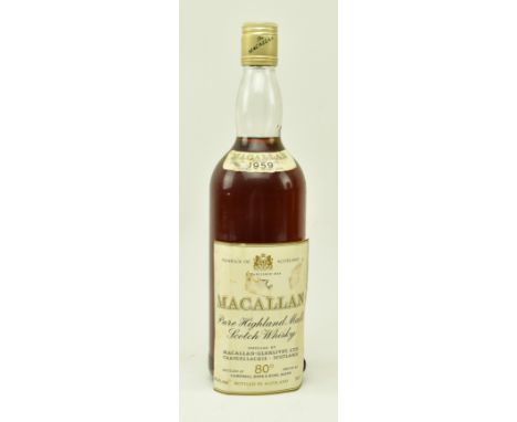 A bottle of Macallan 1959 Vintage Pure Highland Single Malt Scotch Whisky. 75cl / 26 2/3 Fl. Oz. 80 proof. Bottled by Campbel