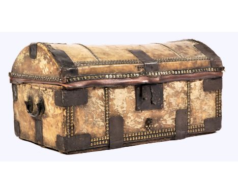 An early 19th Century American leather cowhide and wrought iron banded dome top stagecoach trunk having nailhead studded deco
