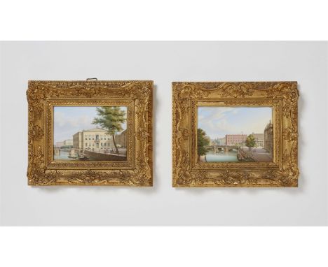 Farbige Aufglasurmalerei. Blick auf die Bauschule mit der Fassade des Zeughauses rechts, die Schlossbrücke und den Lustgarten
