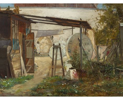 Öl auf Holz. 23,5 x 32 cm.Signiert und datiert unten links: E Fischer=Coerlin 1880.Verso auf der Tafel bezeichnet: "Hinter de