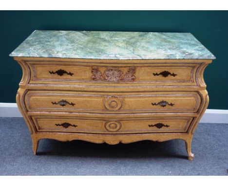 An 18th century Italian style commode, with faux painted marble top over a painted bombe three drawer base, 125cm wide x 55cm
