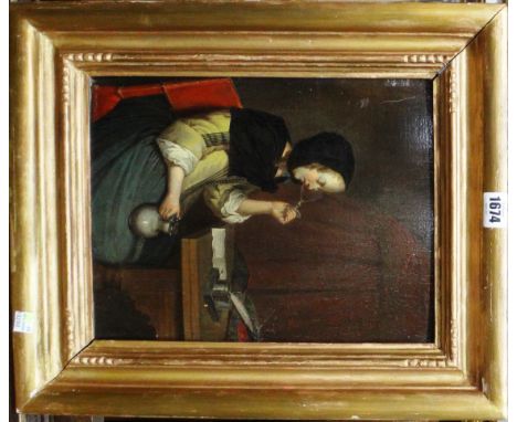 Follower of Gerard Ter Borch The Younger, Woman drinking, oil on panel, 33.5cm x 25.5cm.