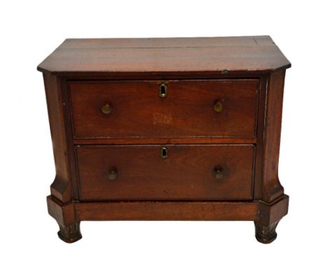A diminutive early 19th century Dutch mahogany two drawer commode, on tapering square supports, 42cm wide x 26cm deep.   Illu