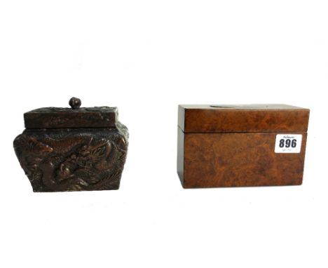 A burr walnut folding cigarette box, early 20th century, with enamel oval inlay to the hinged lid (14.5cm wide) and a Chinese