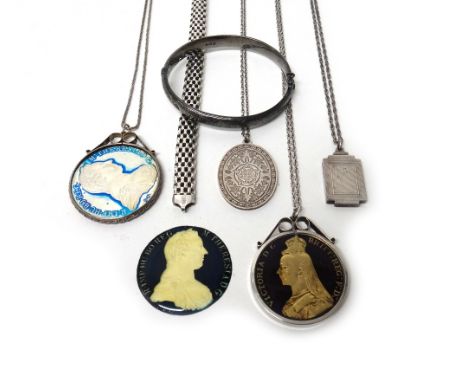 Silver jewellery, comprising; a wide woven link collar necklace, on a sprung hook shaped clasp, an oval pendant medallion, co