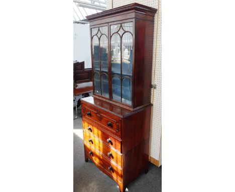 A George III mahogany secretaire bookcase, the associated top with a pair of astragal glazed doors over fitted drawer and thr