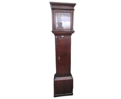 An oak long case clock, 19th century, the brass engraved dial detailed "Harry Bush Wincanton" with date aperture over a waist