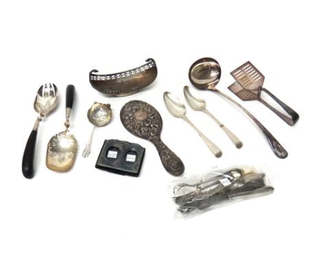 Silver and silver mounted wares, comprising; a boat shaped stand, with pierced decoration, London 1912, two Old English and t