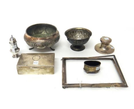 Silver and silver mounted wares, comprising; a circular hinge lidded inkstand, with a glass drop-in liner, a rectangular ciga