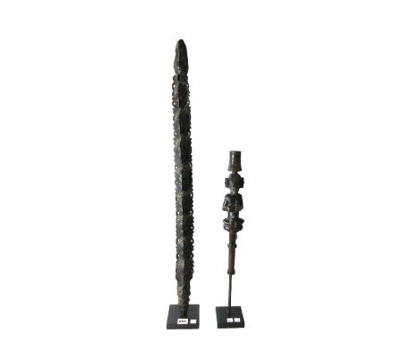 A Chokwe staff finial, Central/Southern Africa, wood, 53cm high, together with a Ramu cult object, Papua New Guinea, carved w