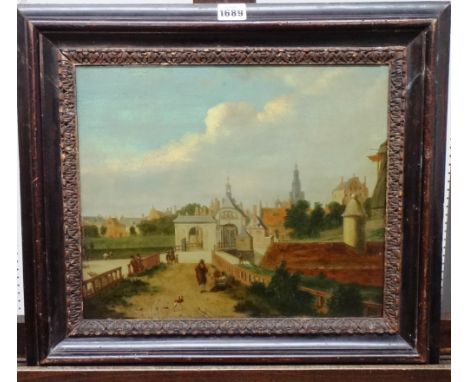After Jan van der Heyden, The St Anthonispoort, oil on panel, bears inscriptions on label on reverse, 31cm x 35cm.