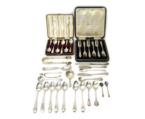 Silver table flatware, comprising; a set of six coffee spoons, Sheffield 1957, cased, a set of six pastry forks, Sheffield 19