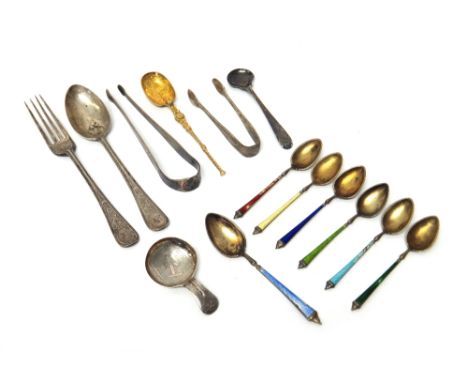 Silver, comprising; a George III caddy spoon, with bright cut engraved decoration and with an anchor motif, (probably in comm