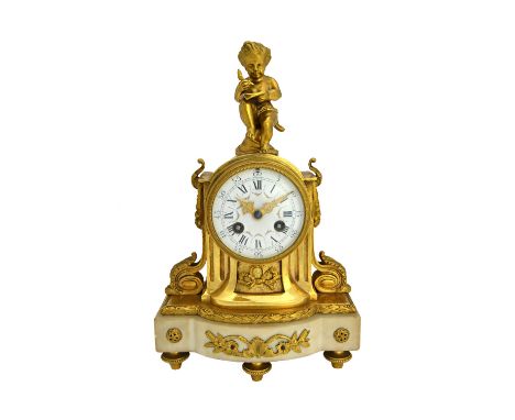 A French ormolu and white marble mantel clock, late 19th century, with putti surmount over a drum case and foliate painted en