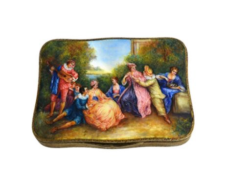 A silver gilt and enamelled shaped rectangular case, the hinged lid decorated with a group of figures in a garden setting enj