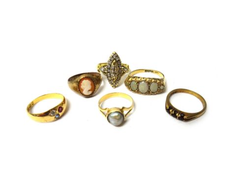 An 18ct gold and diamond set marquise shaped cluster ring, a 9ct gold and opal set five stone ring, a Victorian 18ct gold, di