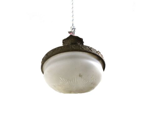 A gilt metal and frosted glass ceiling light, 20th century, of domed form with suspension chains and boss, 36cm dia. 