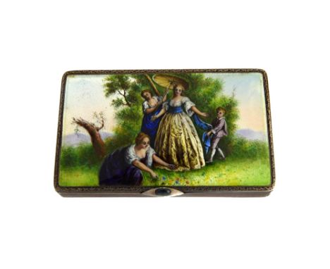A silver and enamelled rectangular case, the sprung cover decorated with the figures of three ladies and of a youth in a land