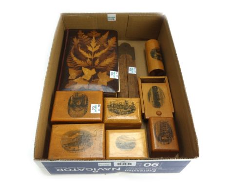 Treen; seven pieces of Mauchline ware, mainly patch boxes including; Pier Eastbourne, Malmesbury Abbey, Walmer Castle, Old Ch