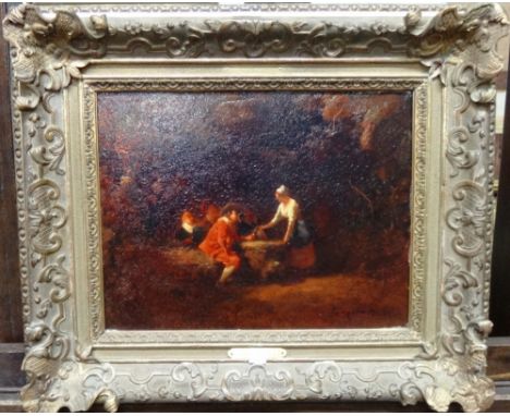 Camillo Innocenti (1871-1961), Gentleman in red coat and tavern maid in a garden, oil on panel, signed, 26cm x 34cm. DDS