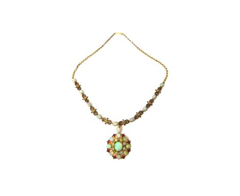 A gold, opal and diamond set and enamelled necklace, with a gold and enamelled pendant, the front of the necklace mounted wit