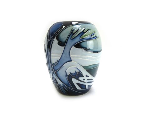 A Moorcroft pottery vase, circa 2005, tube line decorated with a stylised seascape in tones of blues and greens, impressed an