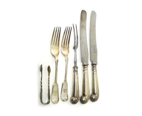 Silver and silver mounted table flatware, comprising, two fiddle pattern table forks, Sheffield 1907, a pair of sugar tongs, 