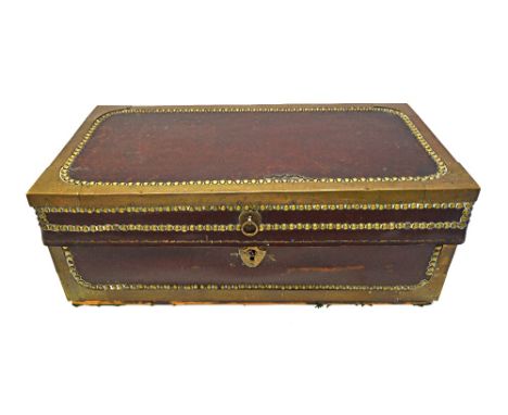A Chinese Export chocolate brown leather and brass bound small trunk, late 18th century, with ring handle and brass studded d