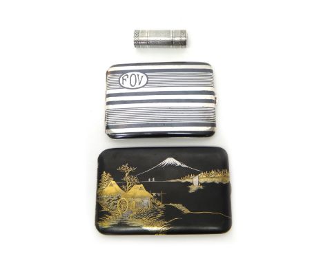 A Japanese rectangular cigarette case, with banded decoration, detailed F O V, bears character mark, a rectangular cigarette 
