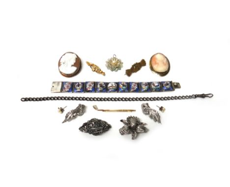 A gold mounted oval shell cameo brooch, carved as the portrait of a lady, detailed 9 CT, a 9ct gold and gem set bar brooch, w