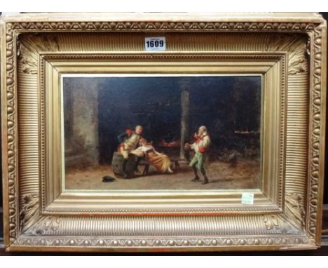 Camillo Innocenti (1871-1961), Soldier, serving maid and storyteller, oil on panel, possibly over a printed base, signed, 17.