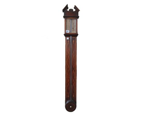 A George III mahogany and inlaid stick barometer, circa 1780, by Porthouse of Penrith, with broken arch pediment over a paper