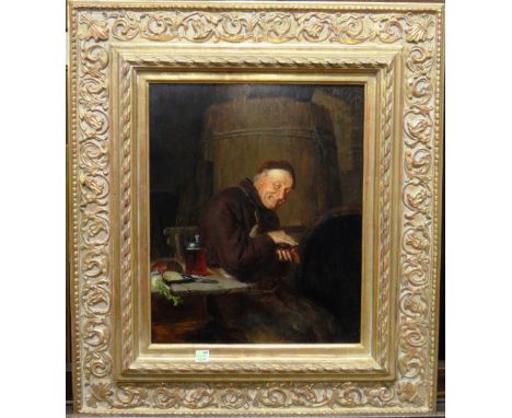 Eduard Von Grutzner (1846-1925), Monk in a brown habit in a cellar, oil on panel, signed, 35cm x 28.5cm.   Illustrated