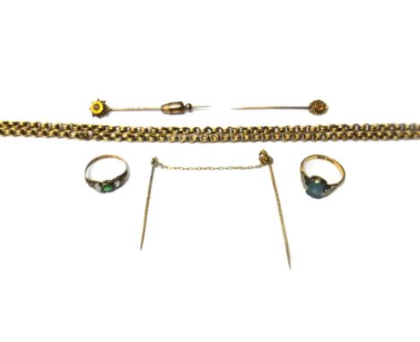 A gold multiple neckchain, on a gold boltring clasp, gross weight 9.8 gms, a Victorian 9ct gold, pale green and colourless ge