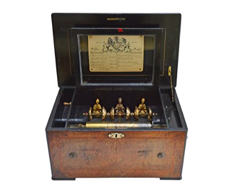 A burr walnut Swiss cylinder music box, late 19th century, playing eight airs, with Mandarin figures drumming on six bells, w