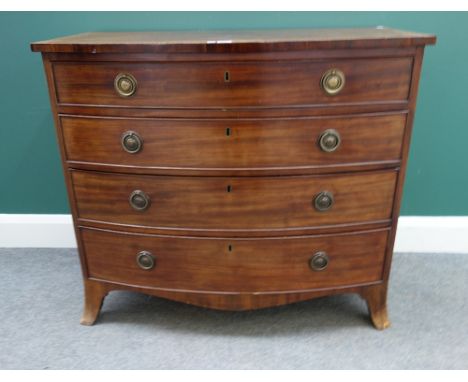 A Regency inlaid mahogany bowfront chest of four long graduated drawers, on splayed bracket feet, 95cm wide x 52cm deep.